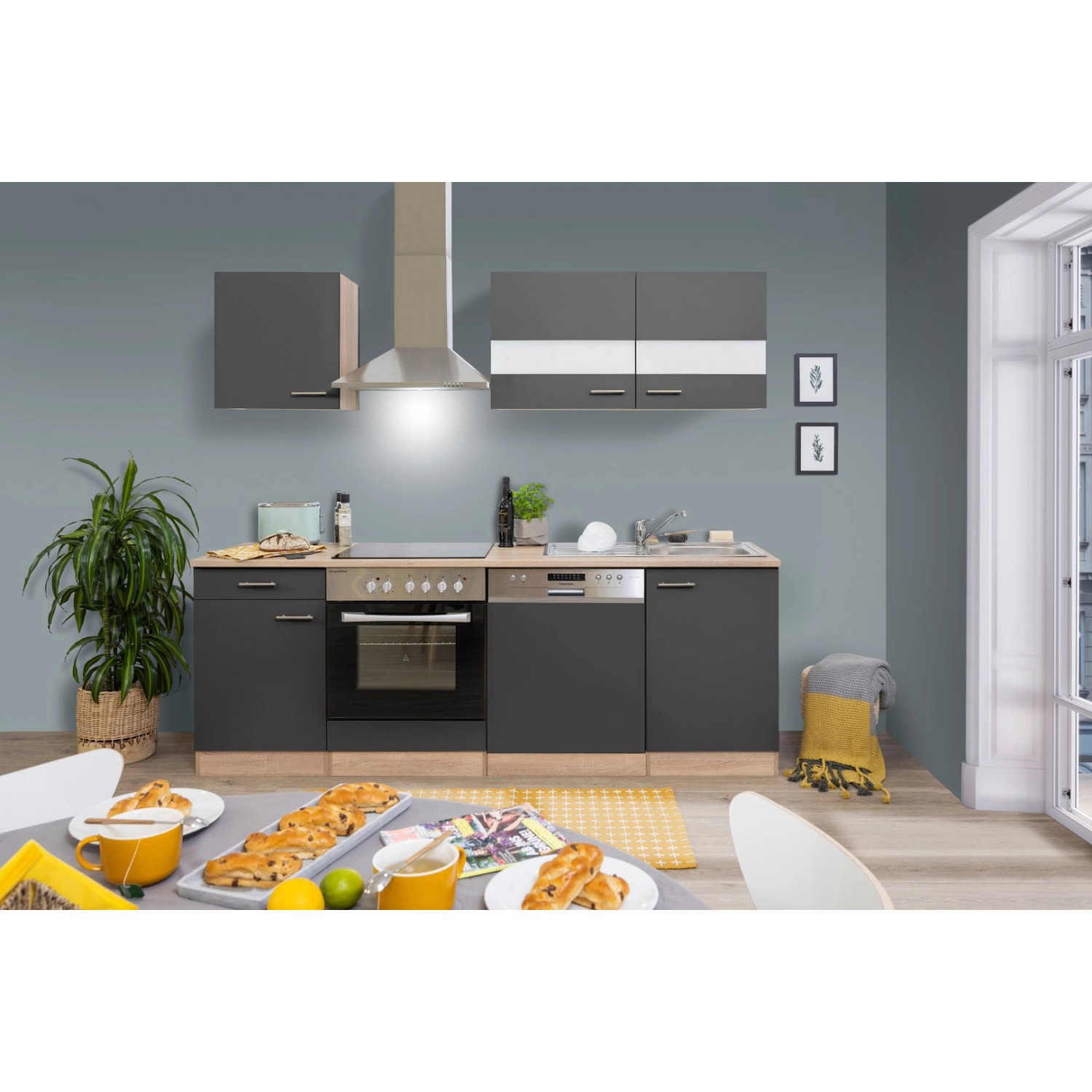 Respekta Küchenzeile/Küchenblock KB220ESGC 220 cm Grau-Eiche Sägerau Nachbildung Glänzend