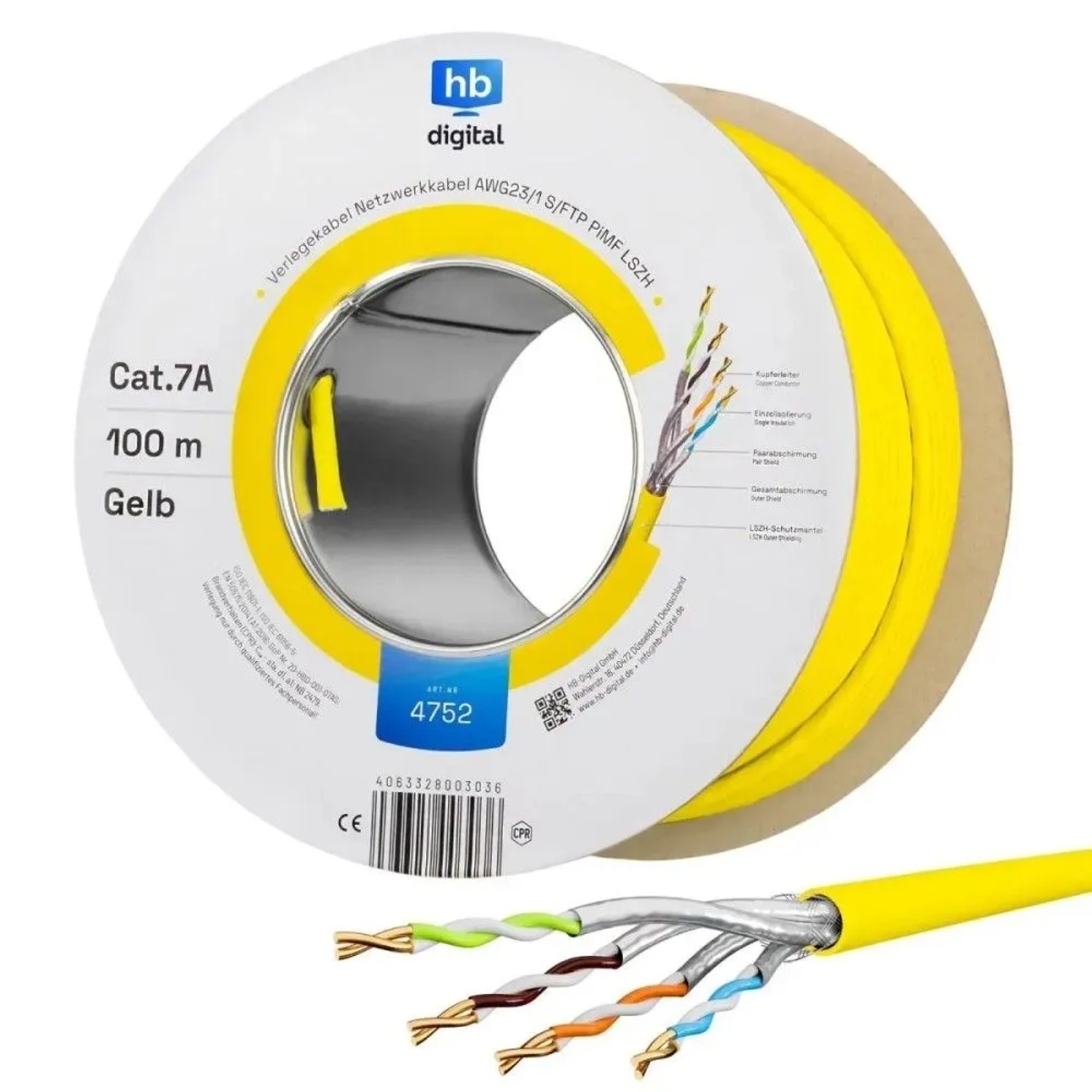 hb-digital Netzwerkkabel CAT 7a Verlegekabel max. 1200 MHz S/FTP AWG23 LSZH 100m Gelb