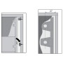 Skizze eines weißen Drehbeschlags/Kippbeschlags für einen Schuhschrank mit 2 Fächern.