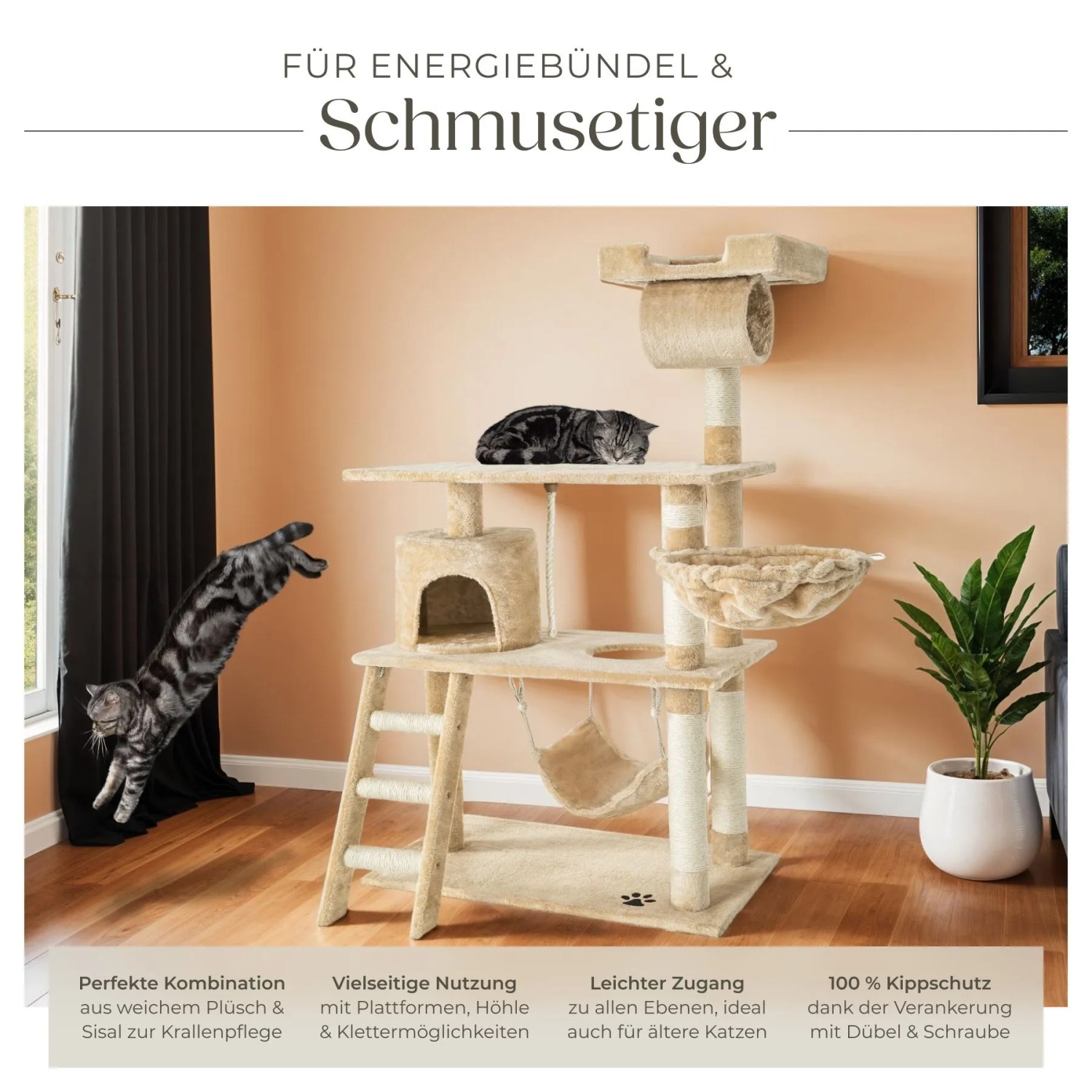 Beiger Tectake Kratzbaum Marcel, 141 cm hoch, mit Liegeflächen, Hängematte und zwei Katzen.