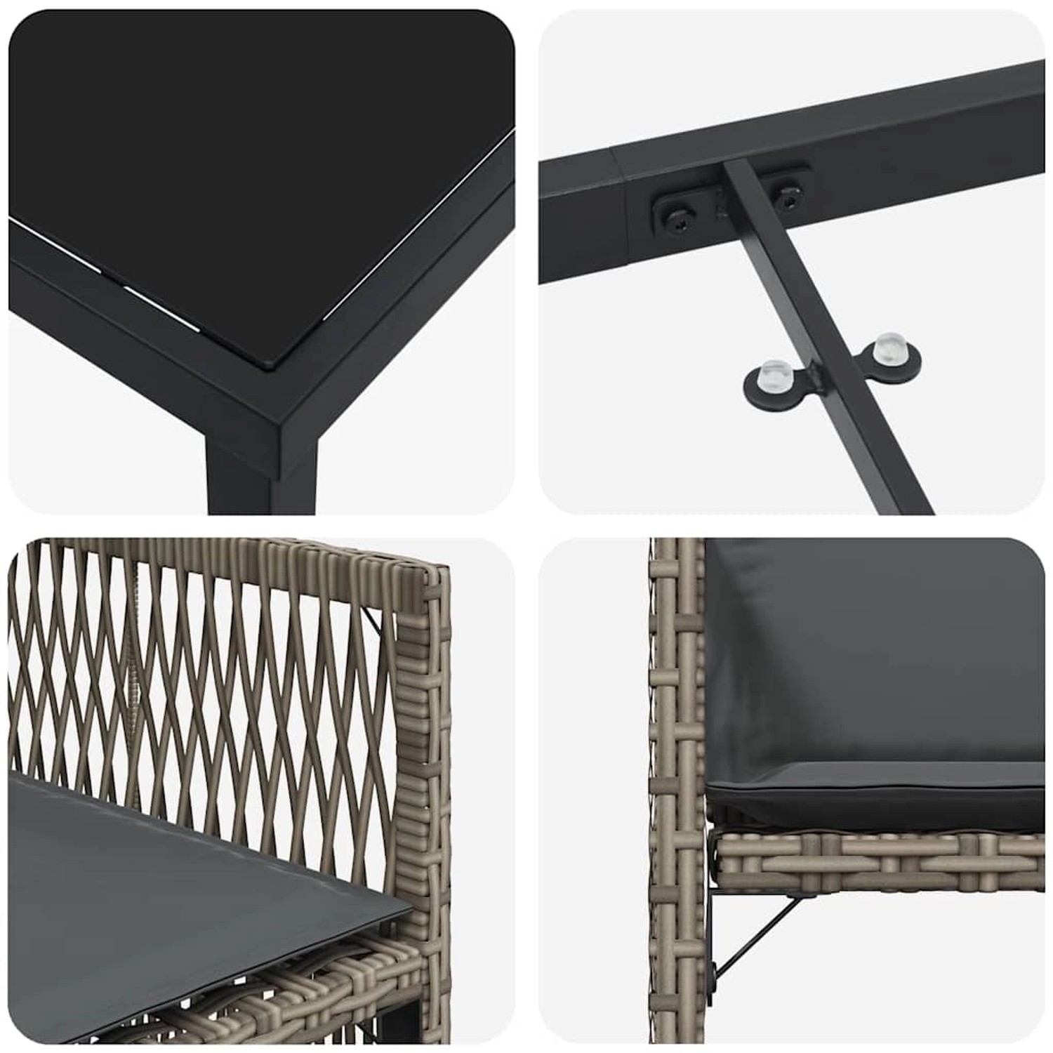 vidaXL Garten Essgruppe, 5-tlg, grau, Poly Rattan. Details von Tischplatte, Gestell und Stuhl.