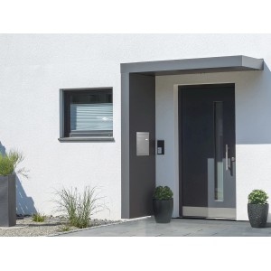 Modernes Gutta Rechteckvordach BS PLUS 200x90 cm mit Briefkasten aus Edelstahl, Seitenansicht links.