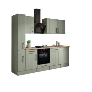 Respekta Küchenzeile Anton Landhaus Schilfgrün 250 cm mit Induktionskochfeld und E-Geräten.
