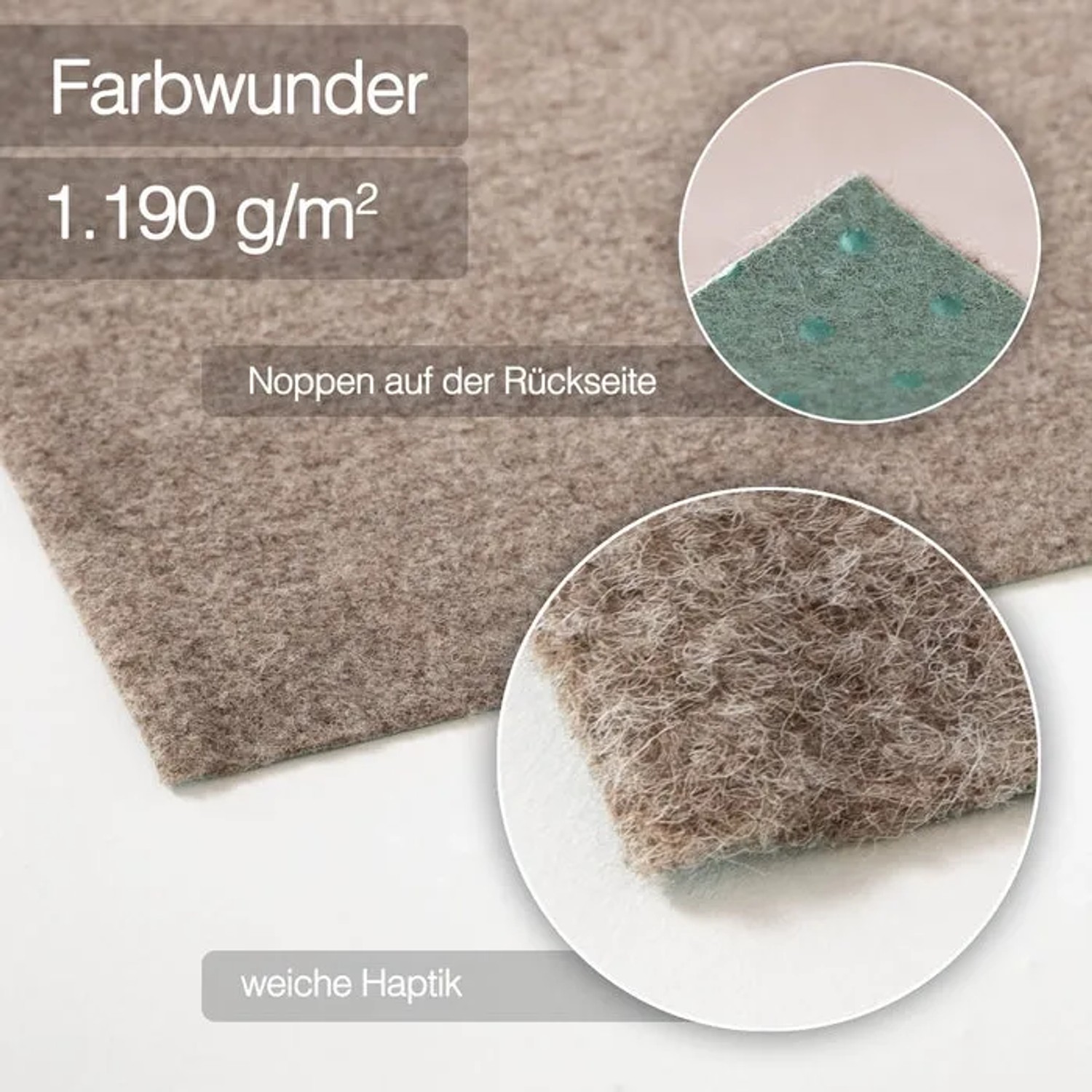 Beiger Karat Rasenteppich Farbwunder PRO mit weicher Haptik und rutschfester Unterseite.