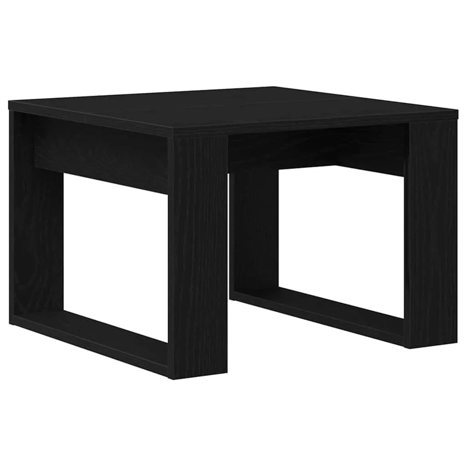 Schwarzer Couchtisch in Eichen-Optik, 50x50x35 cm, aus Holzwerkstoff. Modernes Design mit offenen Seiten.