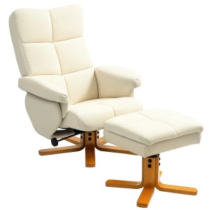 Cremeweißer Relaxsessel mit Hocker aus Kunstleder und Holz. Loungesessel mit Drehfunktion.