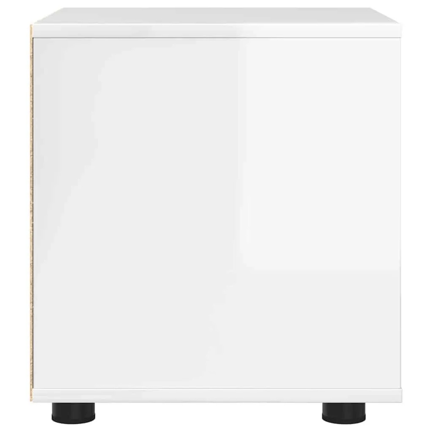 Minimalistischer vidaXL Badezimmerschrank, Hochglanz Weiß, aus Holzwerkstoff, auf schwarzen Füßen.