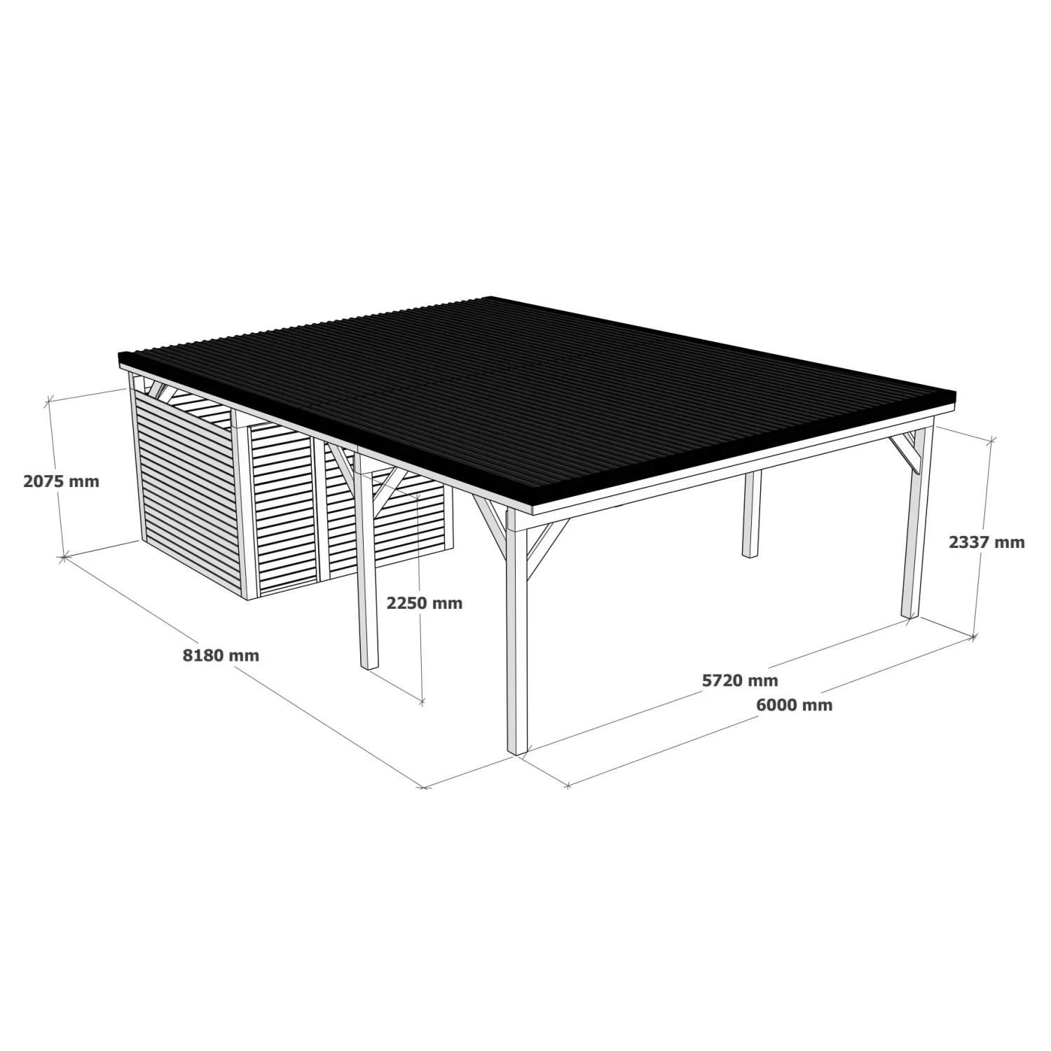 Skizze: Holzbrüder Doppelcarport Ralf mit Geräteraum, oxidrot, Maße sichtbar.
