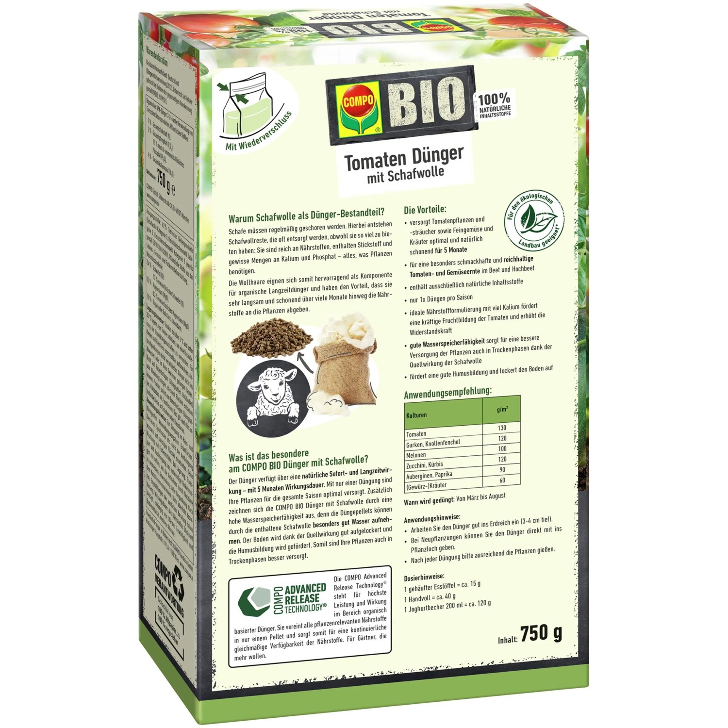 Compo Bio Tomatendünger mit Schafwolle, 750g Packung für gesunde Pflanzen und reiche Ernte.