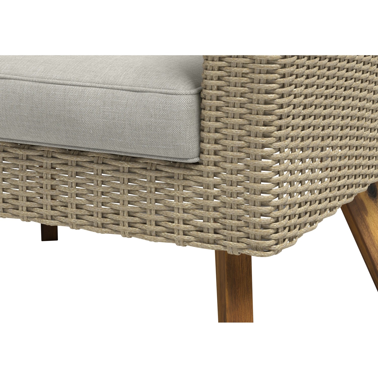 Detailansicht: Beige Wicker-Geflecht und Sitzkissen des Sofa-Lounge-Sets Borup. Gartenmöbel mit Rattanrahmen.