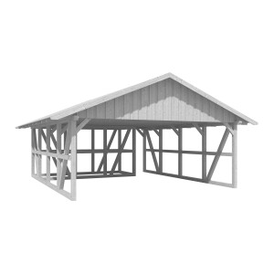 Weißer Skan Holz Carport Schwarzwald mit Dachschalung und Abstellraum, Fachwerkbauweise.