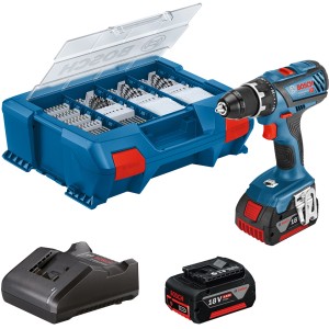 Bosch Professional Akku-Bohrschrauber GSR 18V-28 mit Akkus, Ladegerät und 82-teiligem Zubehör-Set im L-Case.