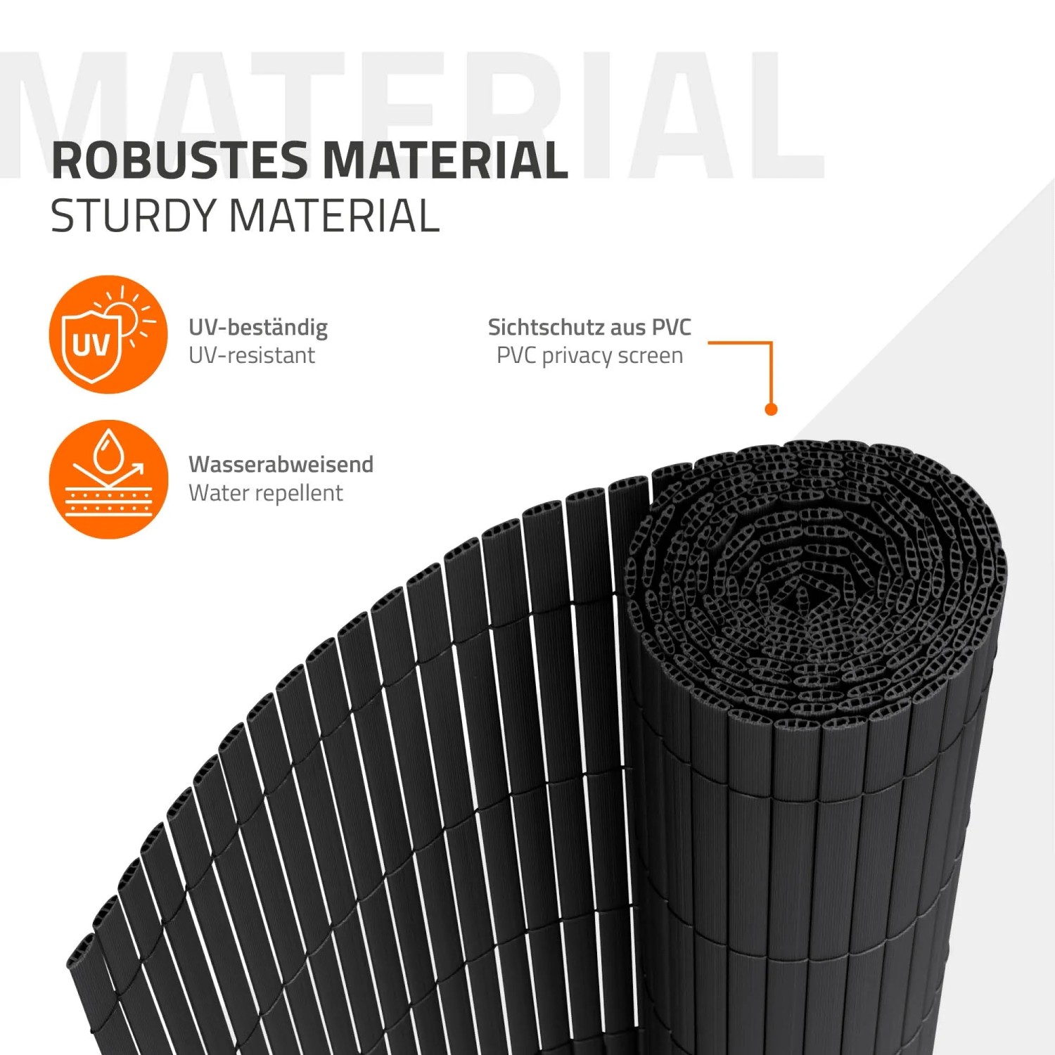 Anthrazitfarbene PVC Sichtschutzmatte (140x400 cm) als Windschutz für Zäune, aufgerollt.