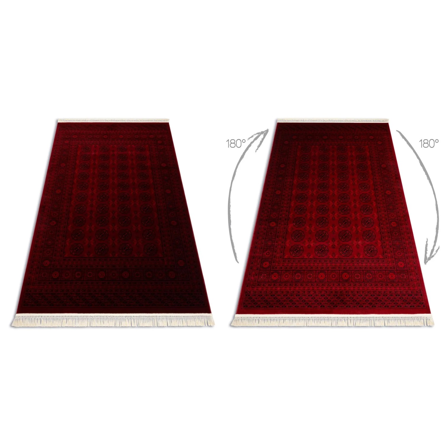 Roter Orient Teppich mit klassischem Muster und Fransen, zeigt Farbwechsel je nach Blickwinkel.