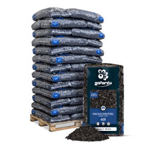 Galamio Holzhackschnitzel Schwarz, 39 Säcke à 60l auf Holzpalette. Dekorativer Mulch für Garten und Beete.