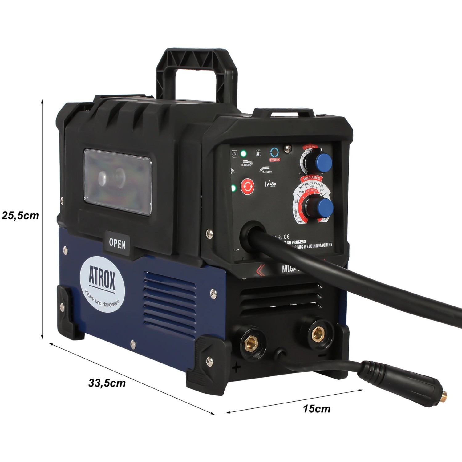 Atrox Mini-MIG 140 Schweißgerät 5in1, blau/schwarz, mit Tragegriff und Bedienelementen.