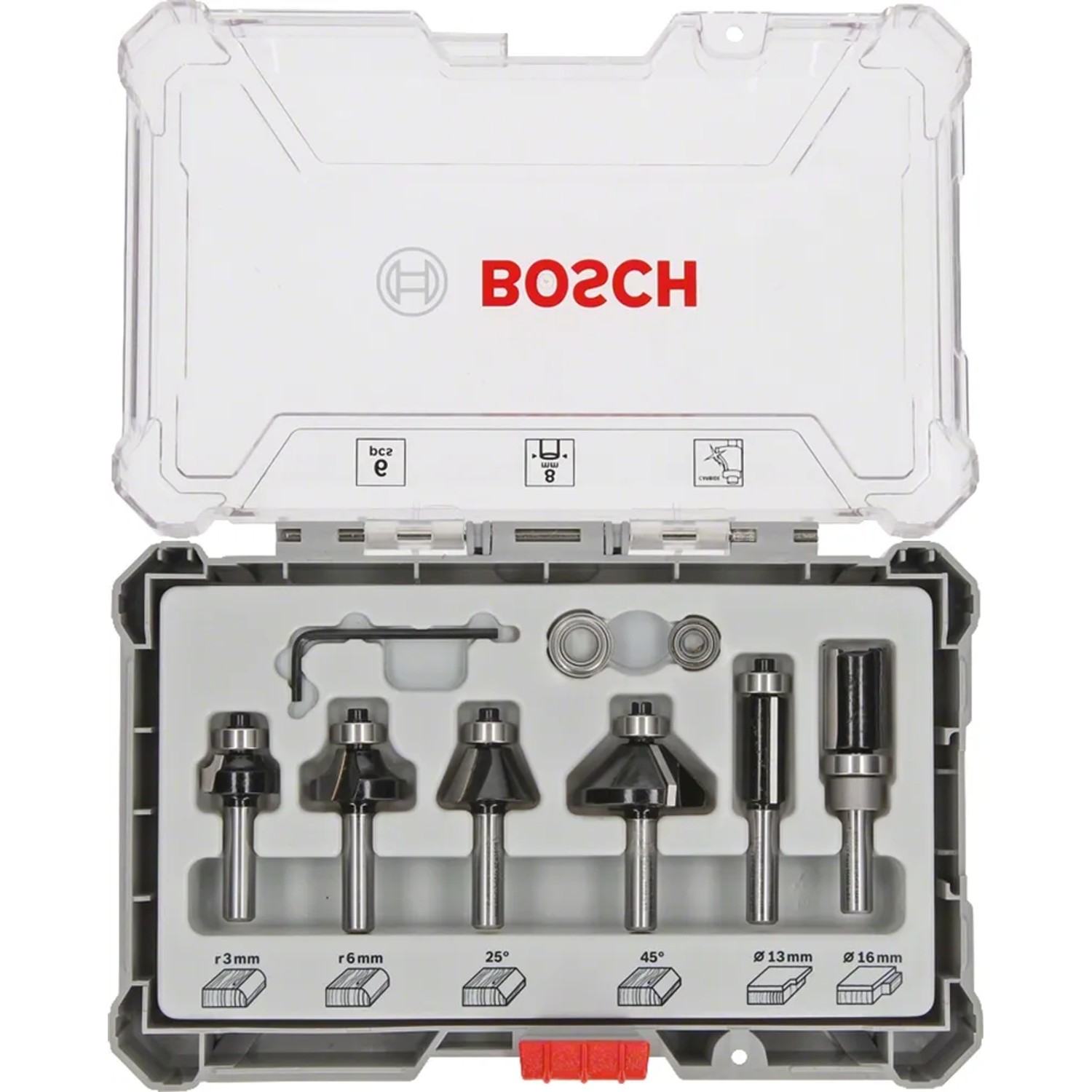 Bosch Rand- und Kantenfräser Set, 6-teilig, in Aufbewahrungsbox mit Klarsichtdeckel.