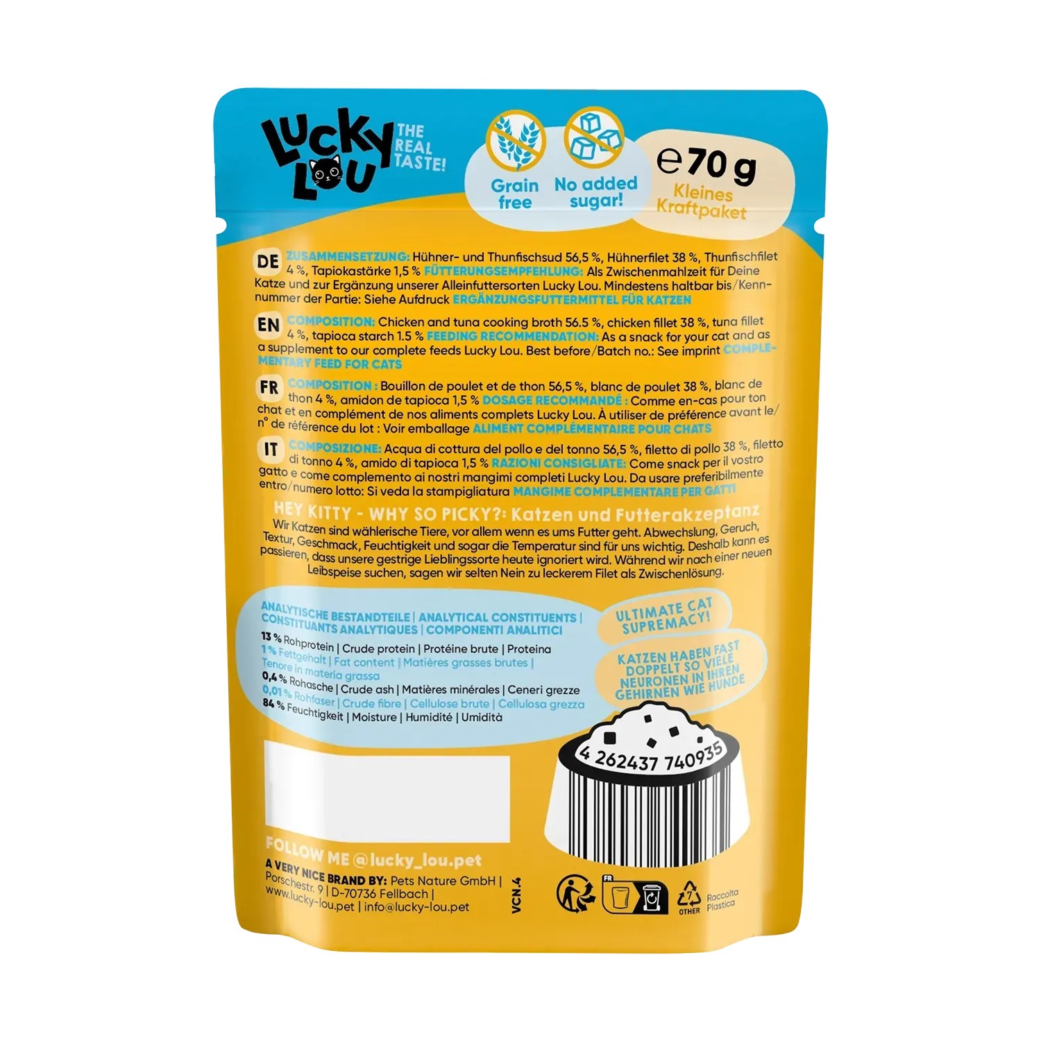 Lucky Lou Katzen-Nassfutter Hühnchen & Thunfisch in Broth, 70g Beutel.