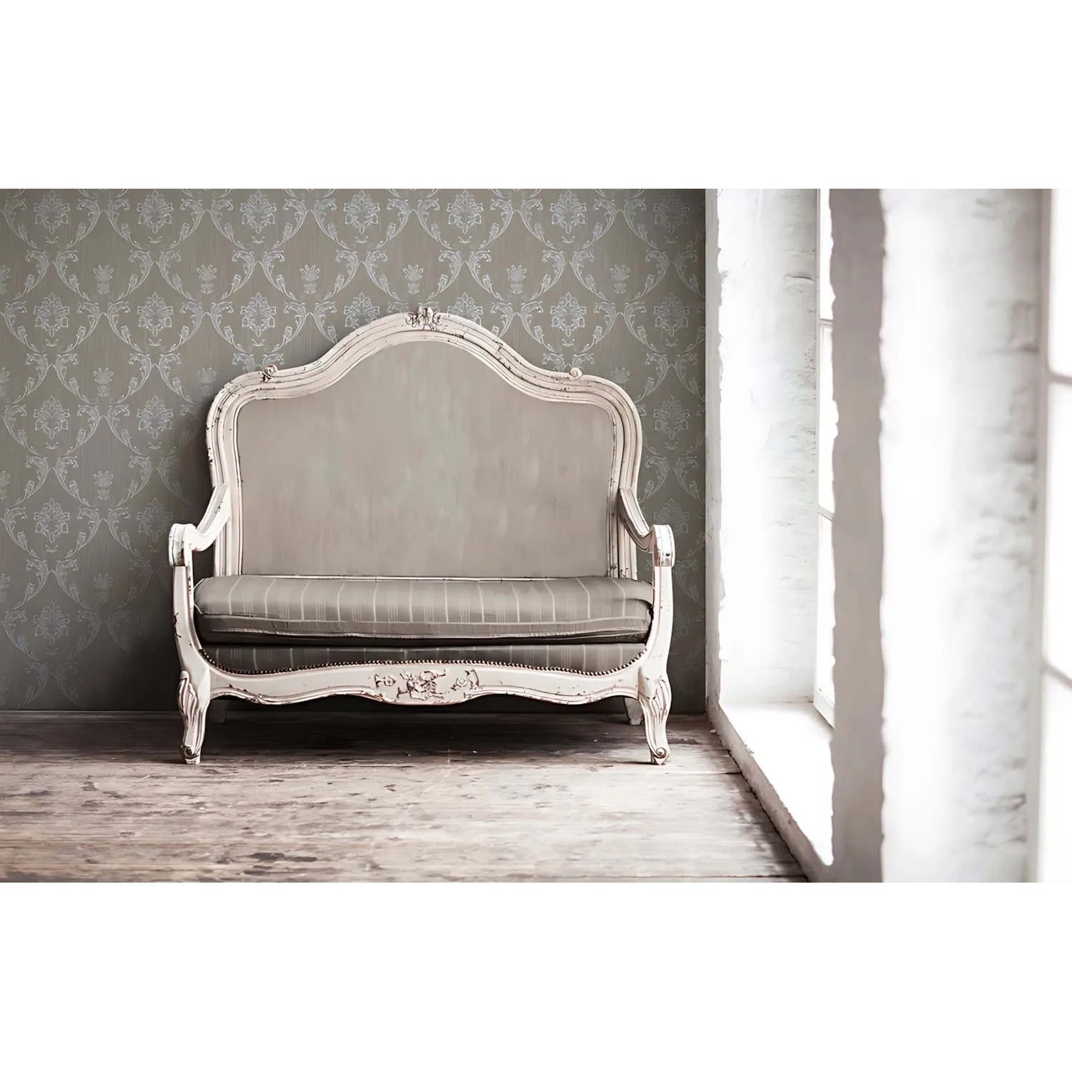 Barock Tapete in Silber und Braun mit Ornament-Muster hinter antikem Sofa.