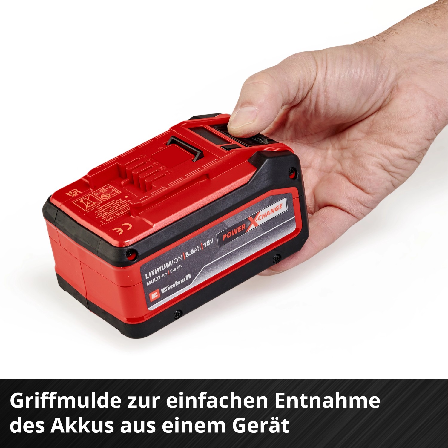 Einhell 18V 5-8Ah Akku PXC Plus in Hand, rot-schwarz. Power X-Change Akku für Elektrowerkzeuge.