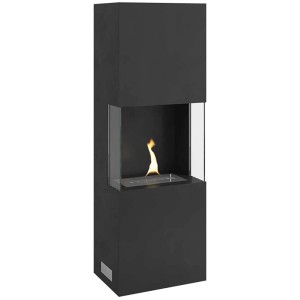 Schwarzer Tenderflame Ambientekamin Indie mit Flamme und Glasfenster, 2 kW Heizleistung.