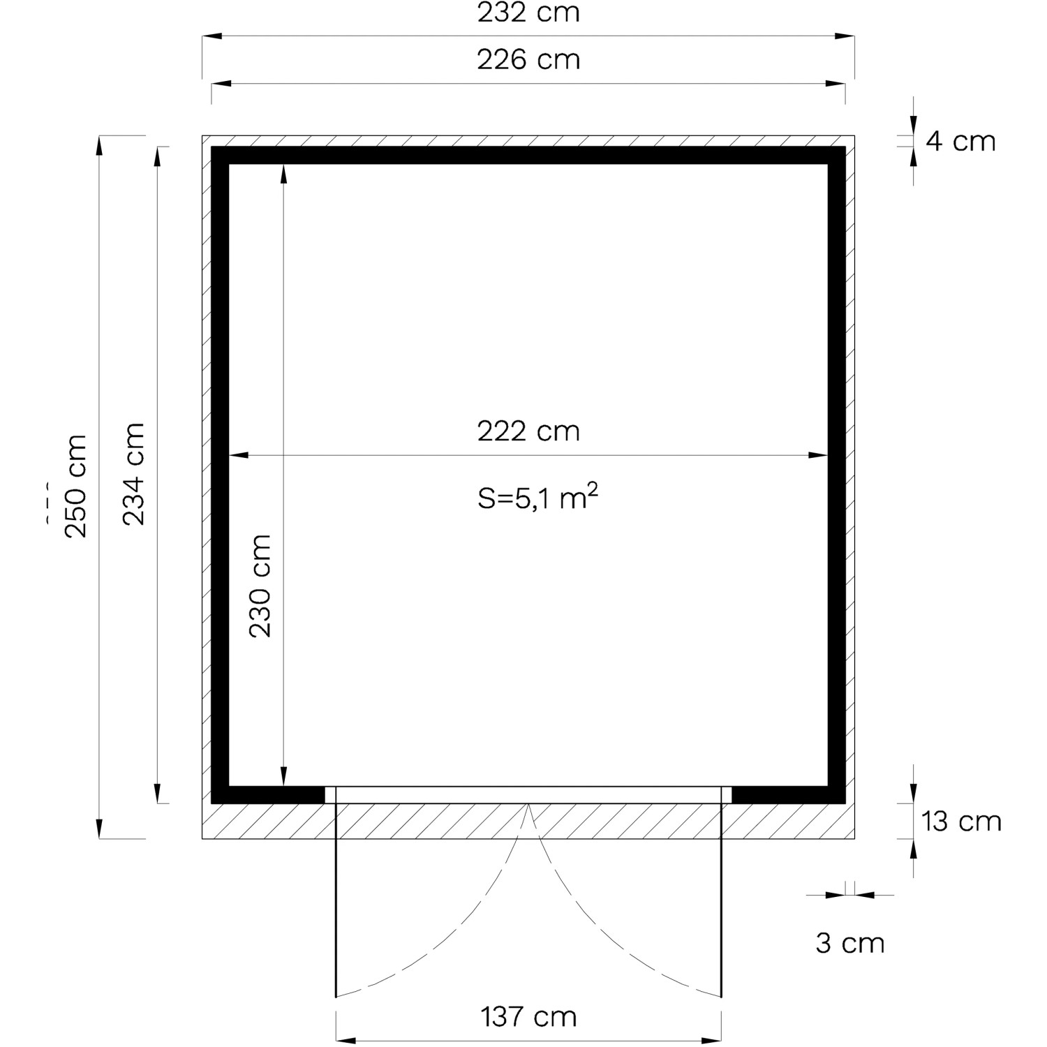 Grundriss Gartenhaus Bertilo Woodline Pent, 234x226 cm, Anthrazit, Maße und Türöffnung dargestellt.