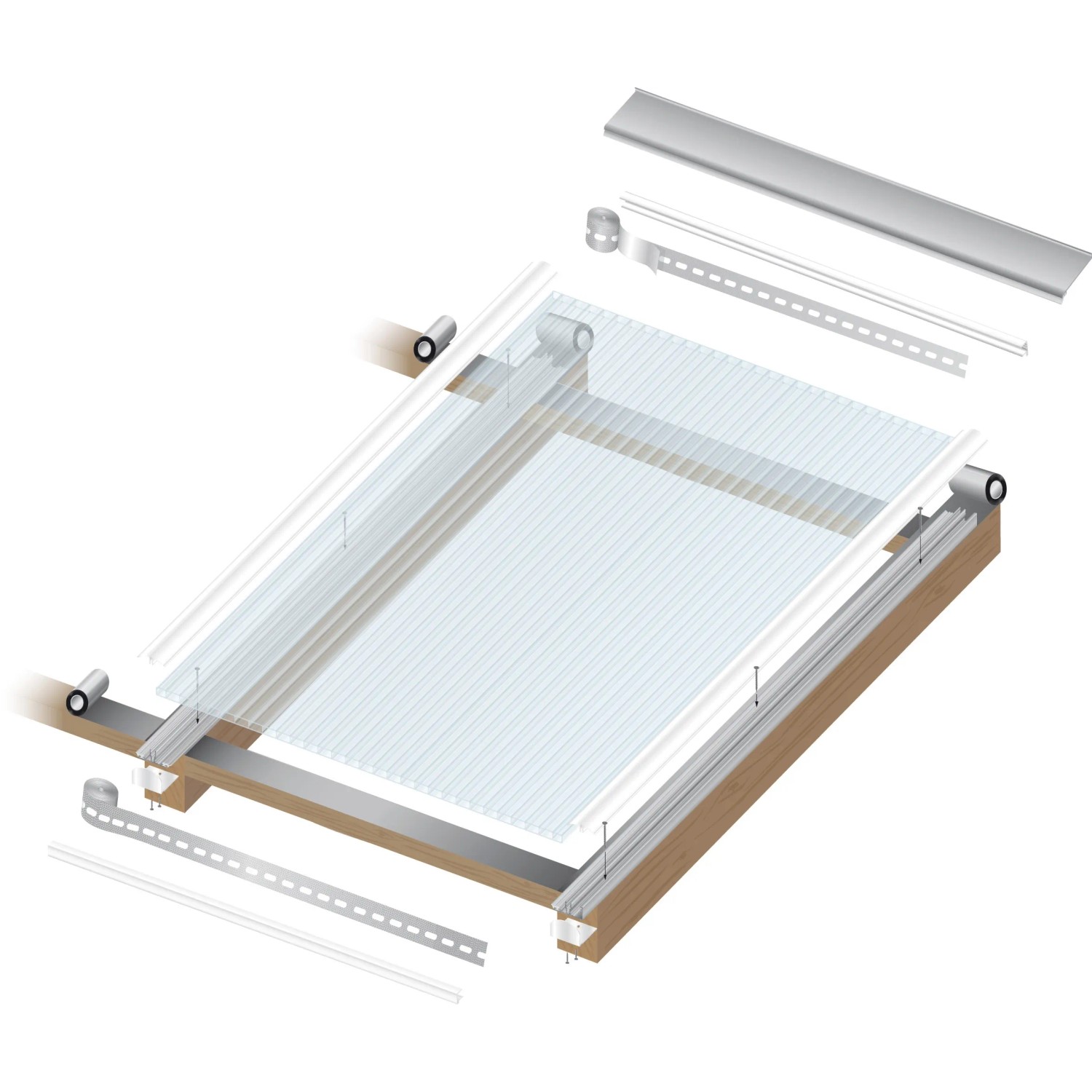 Transparente Hohlkammerplatte (10 mm) mit Montagezubehör für Bedachung.