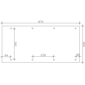 Skizze des Skan Holz Carport Wendland: 409 x 870 cm, Alu-Dach, Blende Schwarz, Maße und Pfostenpositionen.