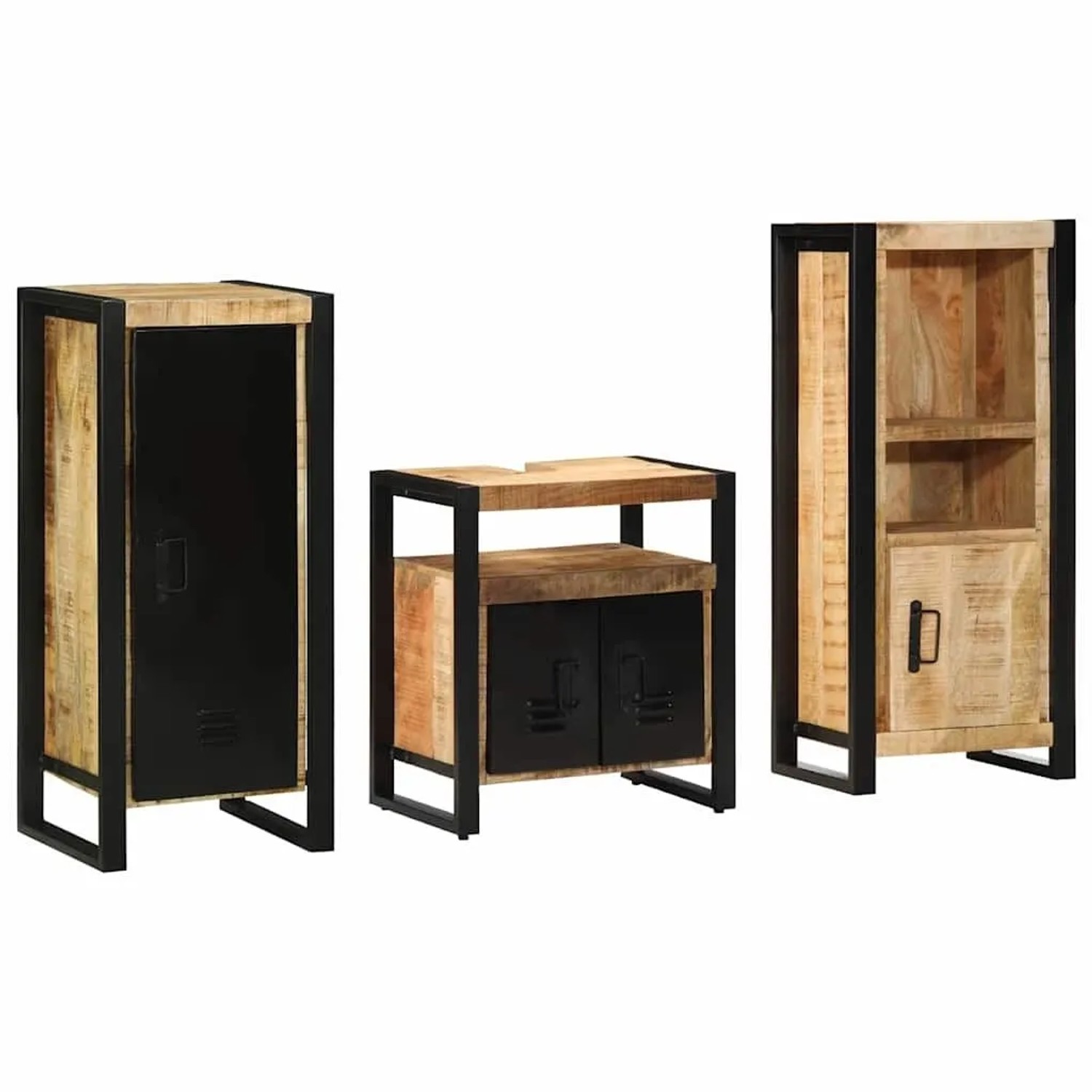 vidaXL Badezimmermöbel-Set 3 Tlg Braun und Schwarz Massivholz Mango 3305620