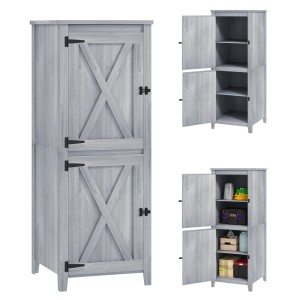 Outsunny Gartenschrank aus Tannenholz, hellgrau, mit Doppeltüren und Regalfächern.