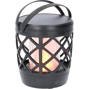 Schwarze Solar-Laterne Rapanui mit Flammeneffekt, Erdspieß, Tragegriff und Dämmerungssensor.