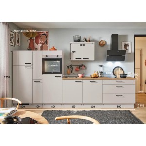 Moderne pino Küchenzeile in Kaschmirgrau, 350cm breit, mit Geräte- und Apothekerschrank. Inklusive E-Geräte.