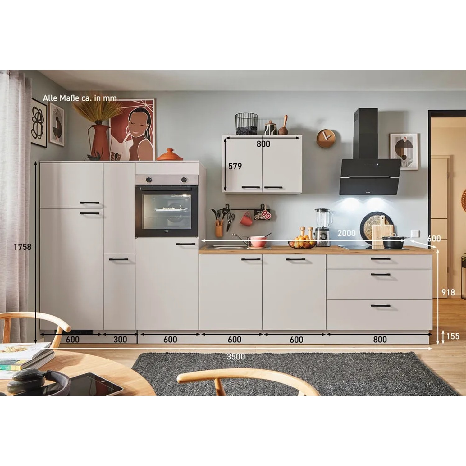 Moderne pino Küchenzeile in Kaschmirgrau, 350cm breit, mit Geräte- und Apothekerschrank. Inklusive E-Geräte.