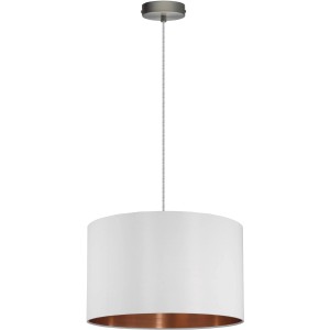 Moderne Eglo Hängeleuchte Pasteri mit weißem Stoffschirm und kupferfarbener Innenseite.