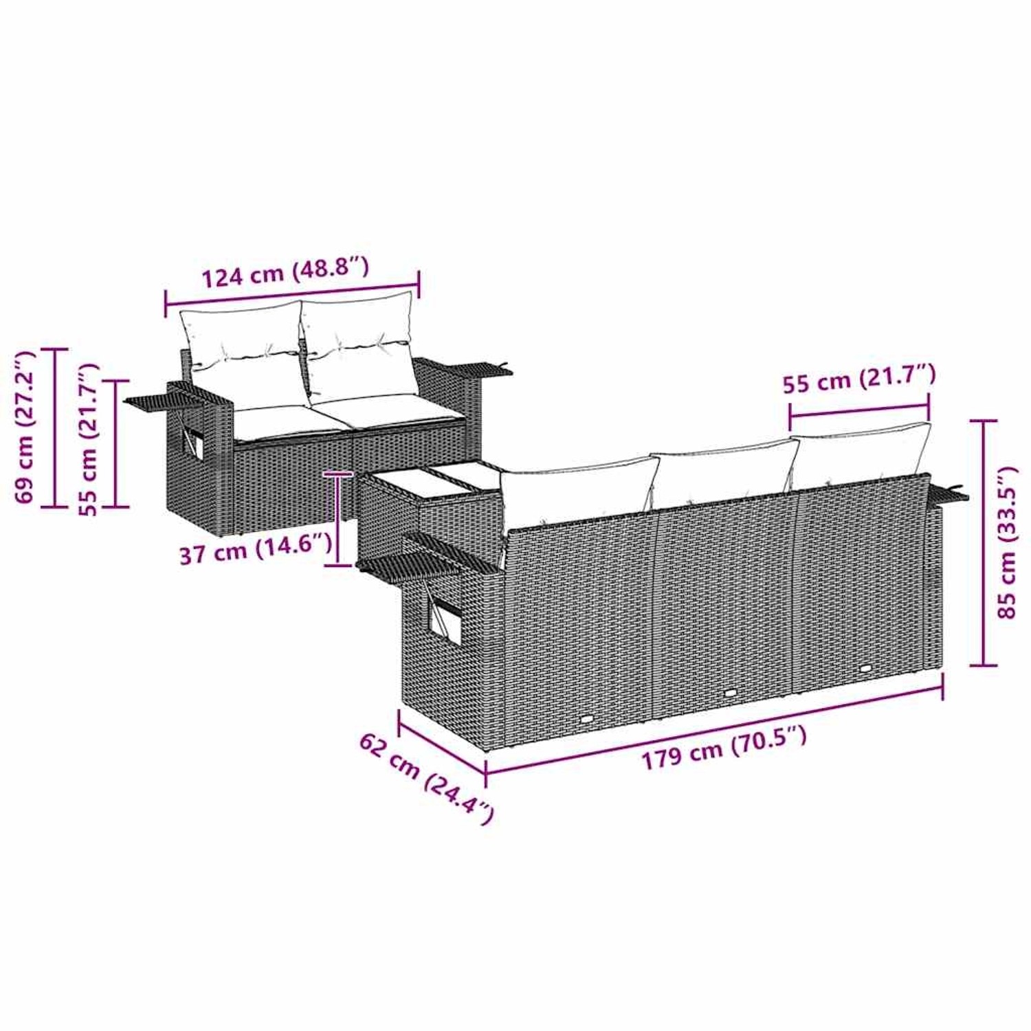 vidaXL 6-tlg. Garten-Sofagarnitur aus Rattan mit Kissen, Maße siehe Abbildung.