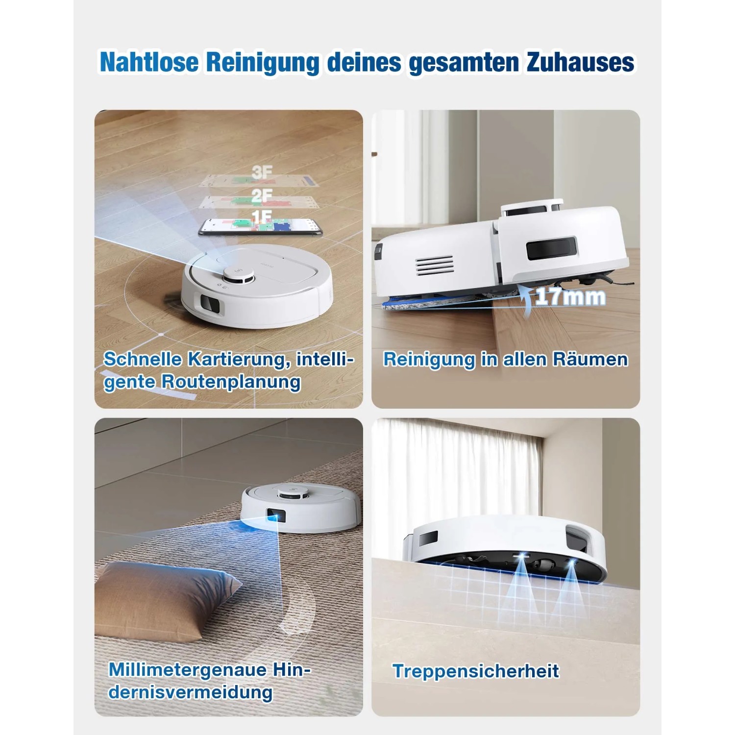 ECOVACS DEEBOT Mini Saugroboter in Aktion: Hinderniserkennung, Treppensicherheit und Reinigung.