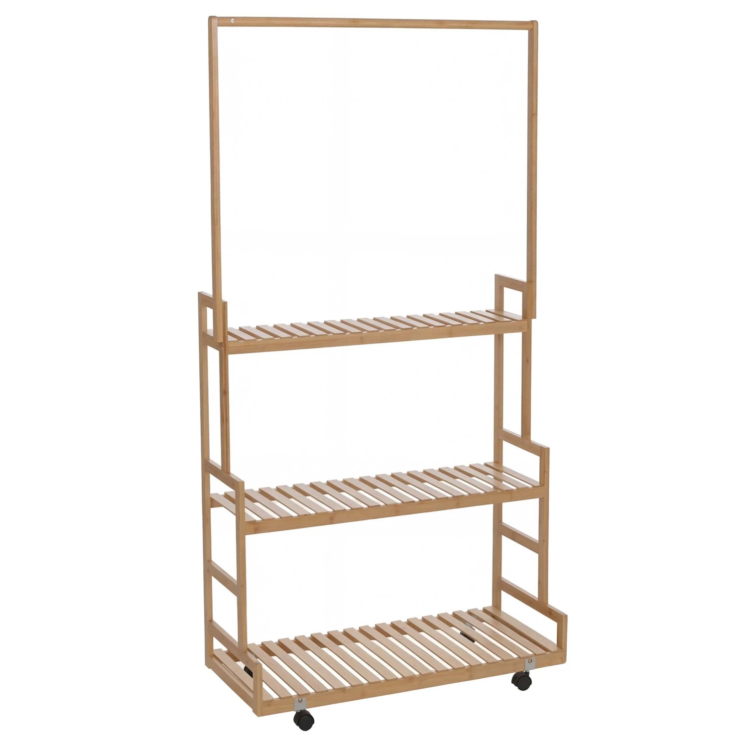 MCW Bambus Standgarderobe Q33 Stange 3 Ablagen Rollen 175x93x38cm Natur