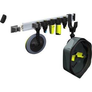 AVA Zubehör-Organizer für Hochdruckreiniger mit Wandhalterung und Zubehör wie Düsen, Lanzen und Terrassenreiniger.