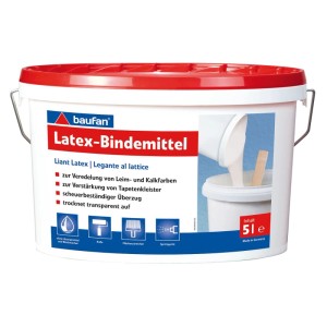 Weißer Baufan Latex-Bindemittel 5l Eimer mit rotem Deckel. Verbessert Haftung und Wischfestigkeit von Latexfarben.