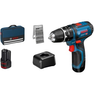 Bosch Professional GSB 12V-15 Akku-Schlagbohrschrauber Set mit Tasche, Akkus, Ladegerät und Bit-Set.