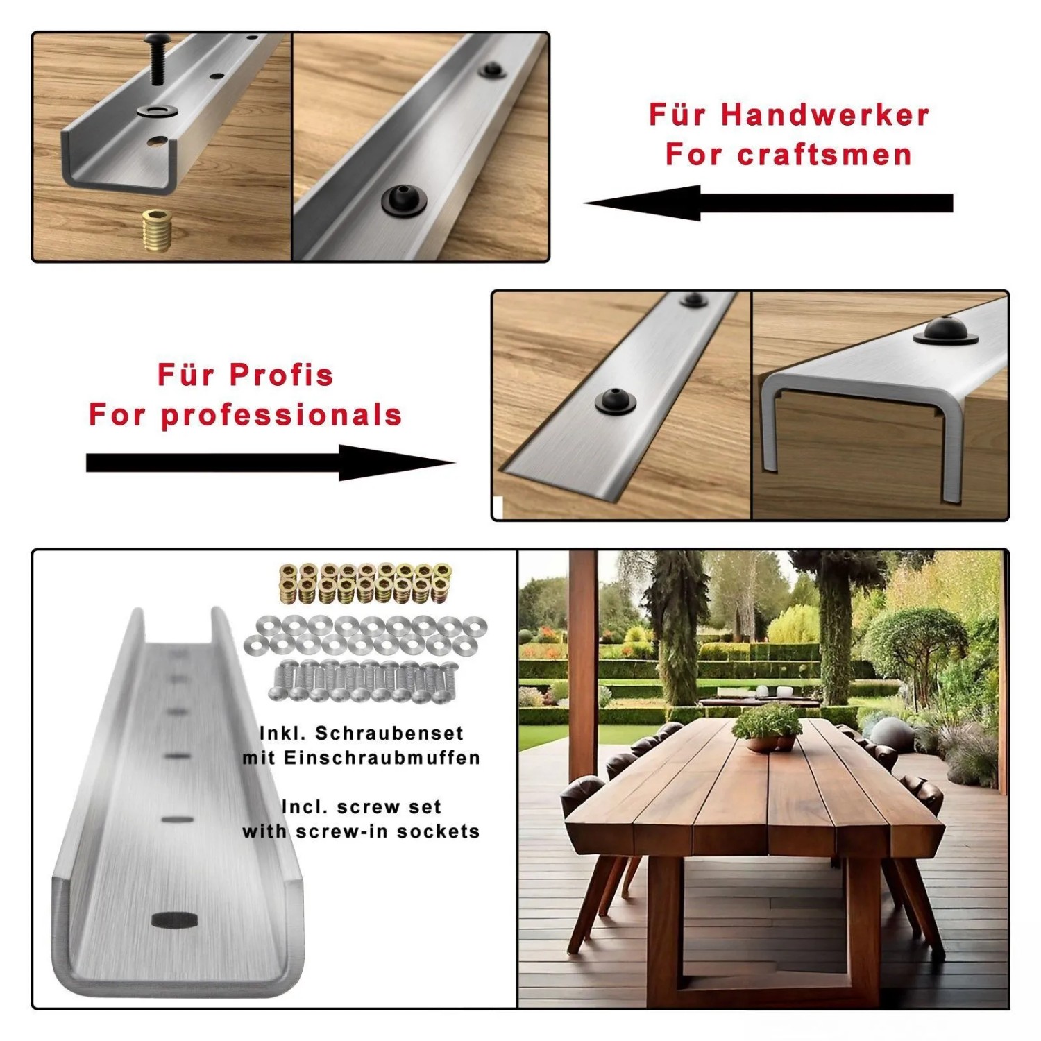 SOTECH 3 Stück Gratleisten U-Form 800 x 40 x 20 mm Edelstahl Gebürstet für Tischplatten_2