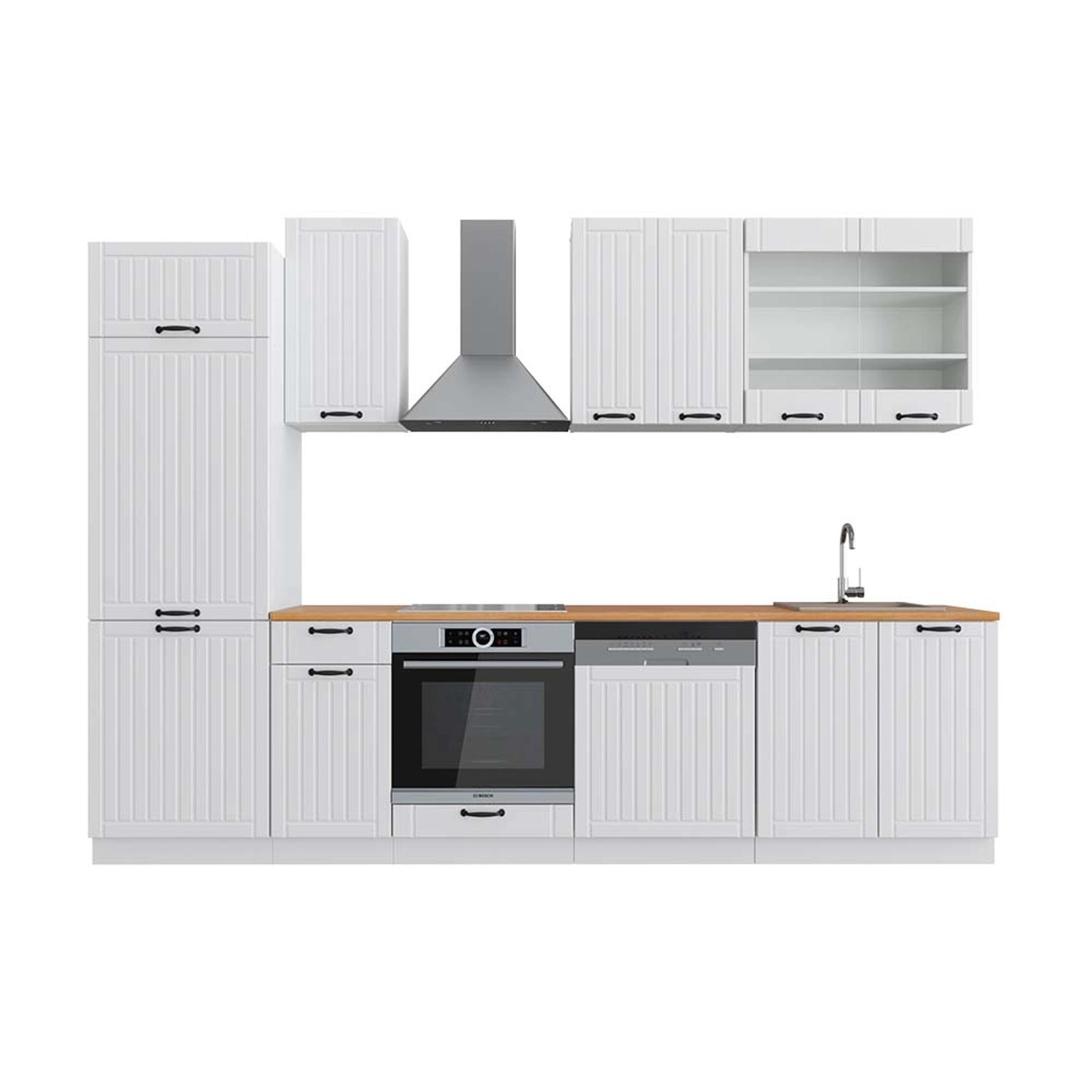 Vicco Fame-Line Küchenzeile Weiß Landhaus/Weiß 300 cm AP Eiche günstig online kaufen