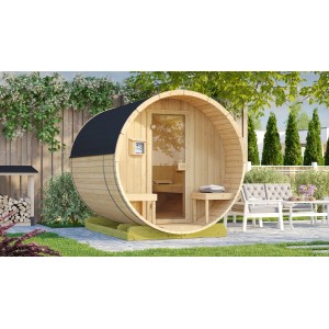 Weka Fasssauna 198 Sparset mit 9,0 kW Ofen im Garten, runde Form, Holzwände, Glastür.