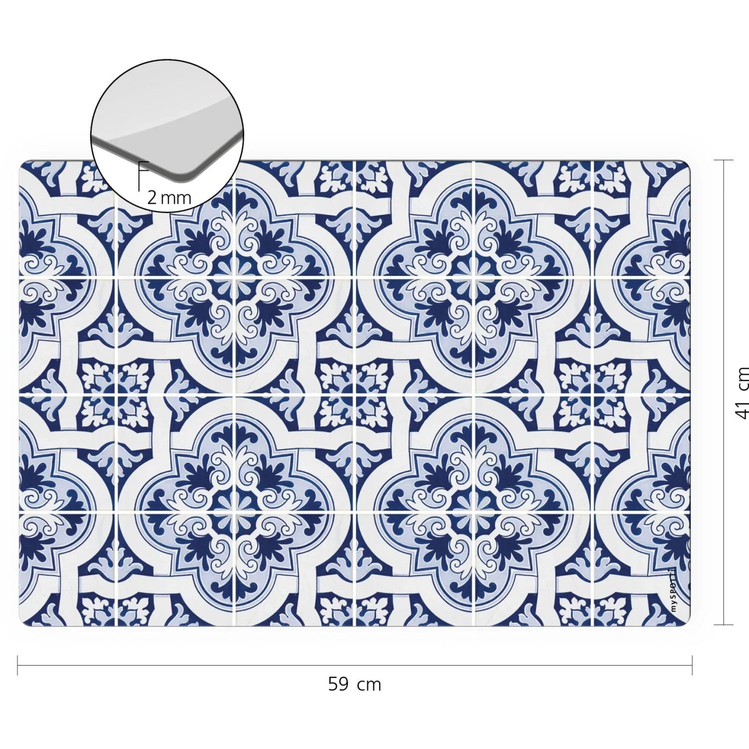 Myspotti Mini-Spritzschutzplatte Apollon, 59x41cm, Fliesenoptik, blau-weißes Muster.