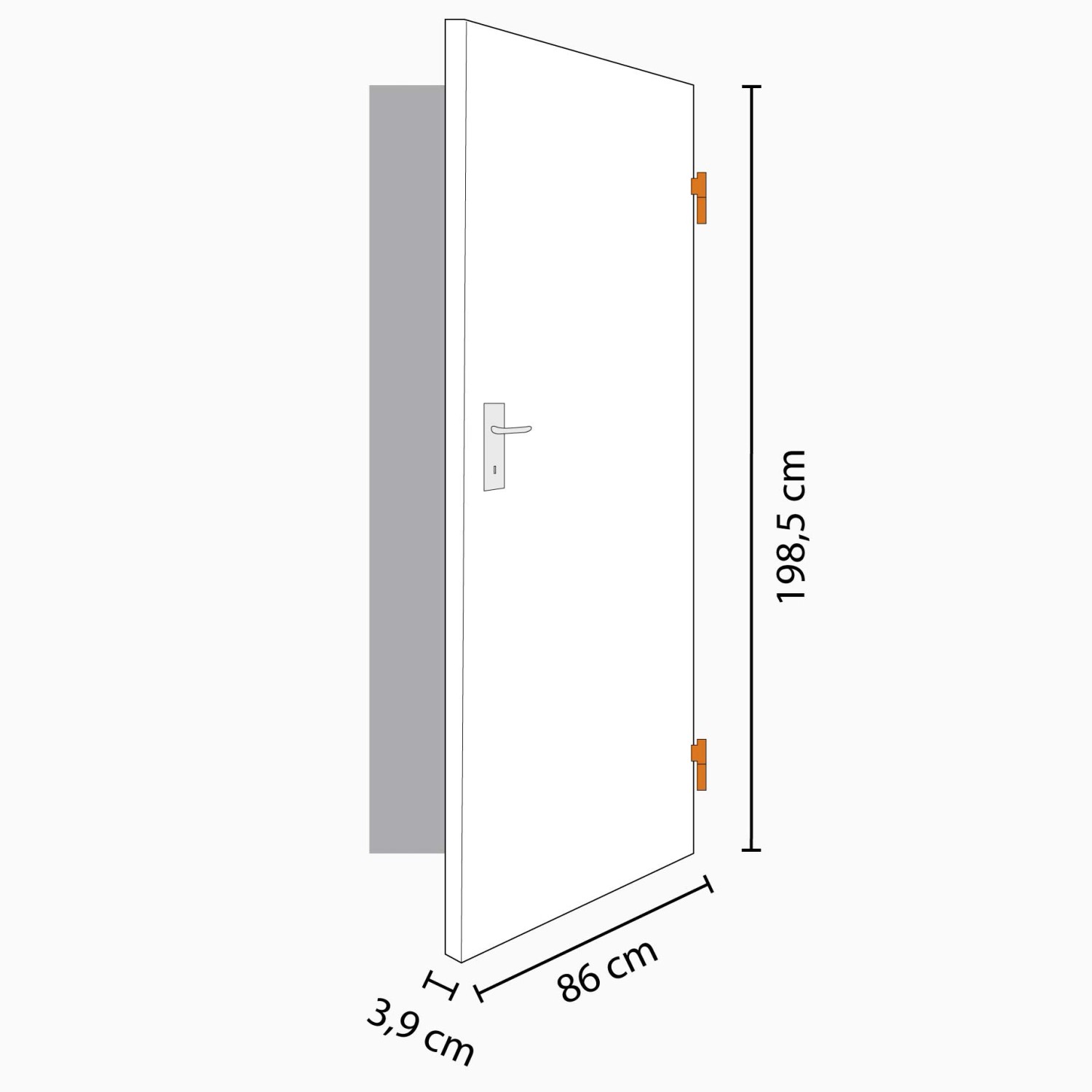 Abbildung einer weißen Zimmertür mit Cappuccino Holznachbildung, 86x198,5 cm, Rechtsanschlag.