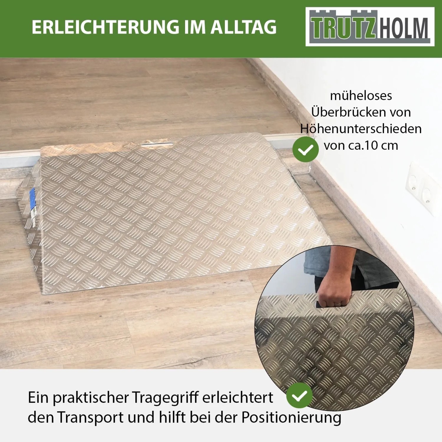 TRUTZHOLM Türschwellenrampe aus Aluminium, 10 cm hoch, für Autoanhänger und Rollstuhl geeignet.