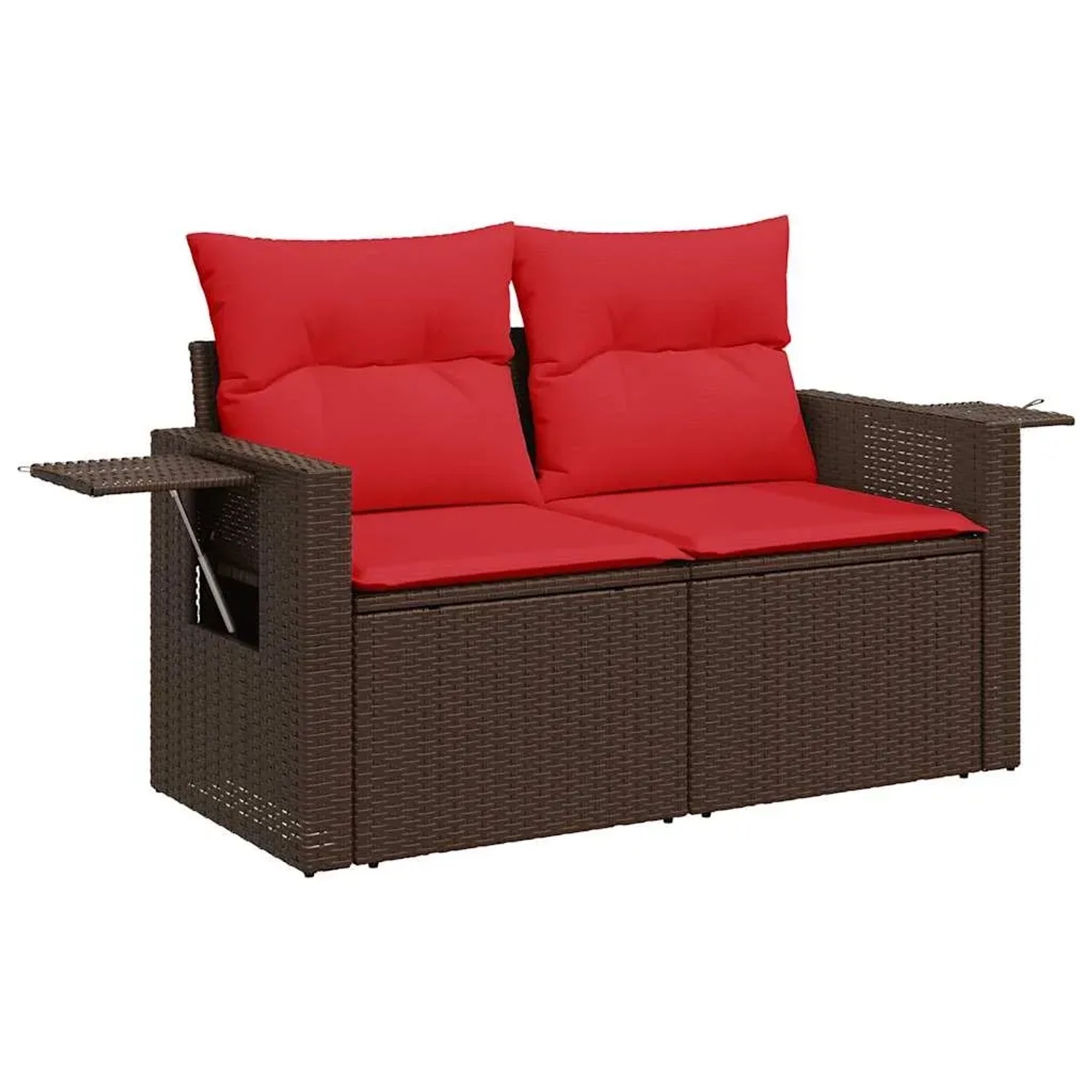 Braune vidaXL Garten-Sofagarnitur aus Rattan mit roten Kissen und ausklappbarem Tisch.