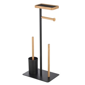 MSV WC-Garnitur Teiki 3-in-1 aus Bambus und Stahl in Schwarz-Braun mit Ablage.