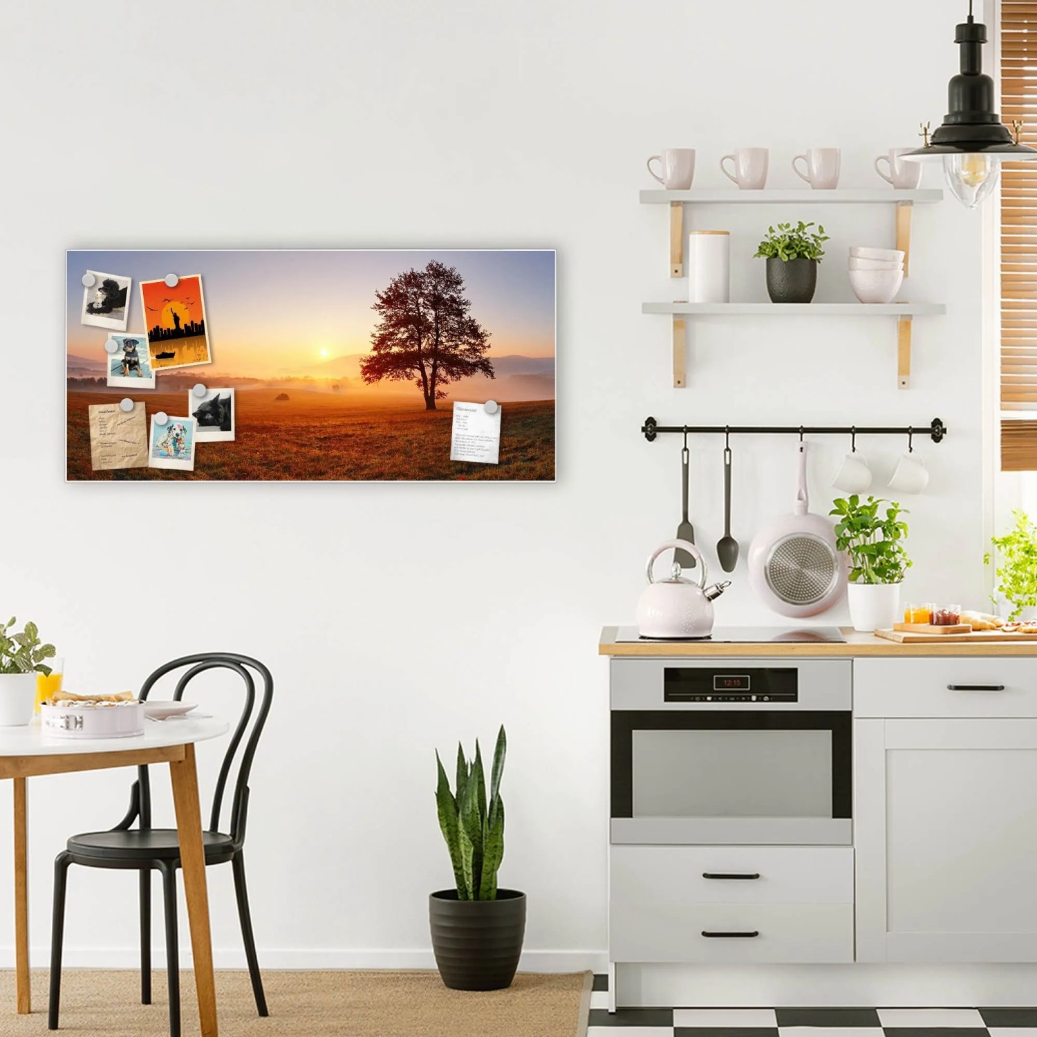 Banjado Magnettafel 78x37cm mit Sonnenaufgang-Motiv in Küche. Weiße Metall-Pinnwand für Notizen, Fotos, inkl. Magnete.