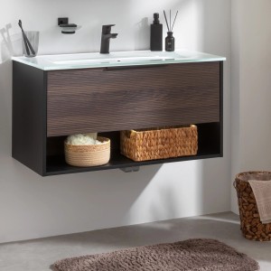 Fackelmann Waschtisch-Set B.Paris, 90,5cm, Schwarz Matt-Rigoletto Eiche mit Glasbecken.